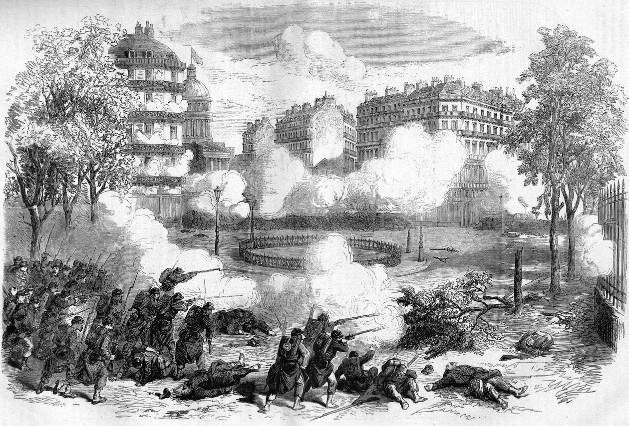 Pariisin kommuuni vuonna 1871. Kenraali de Cisseyn armeijajoukon hyökkäys liittovaltioiden (communards) barrikadeille Pantheonin edessä 24. toukokuuta 1871, verisen viikon alussa (22. - 28. toukokuuta 1871). tekijältä Unknown artist