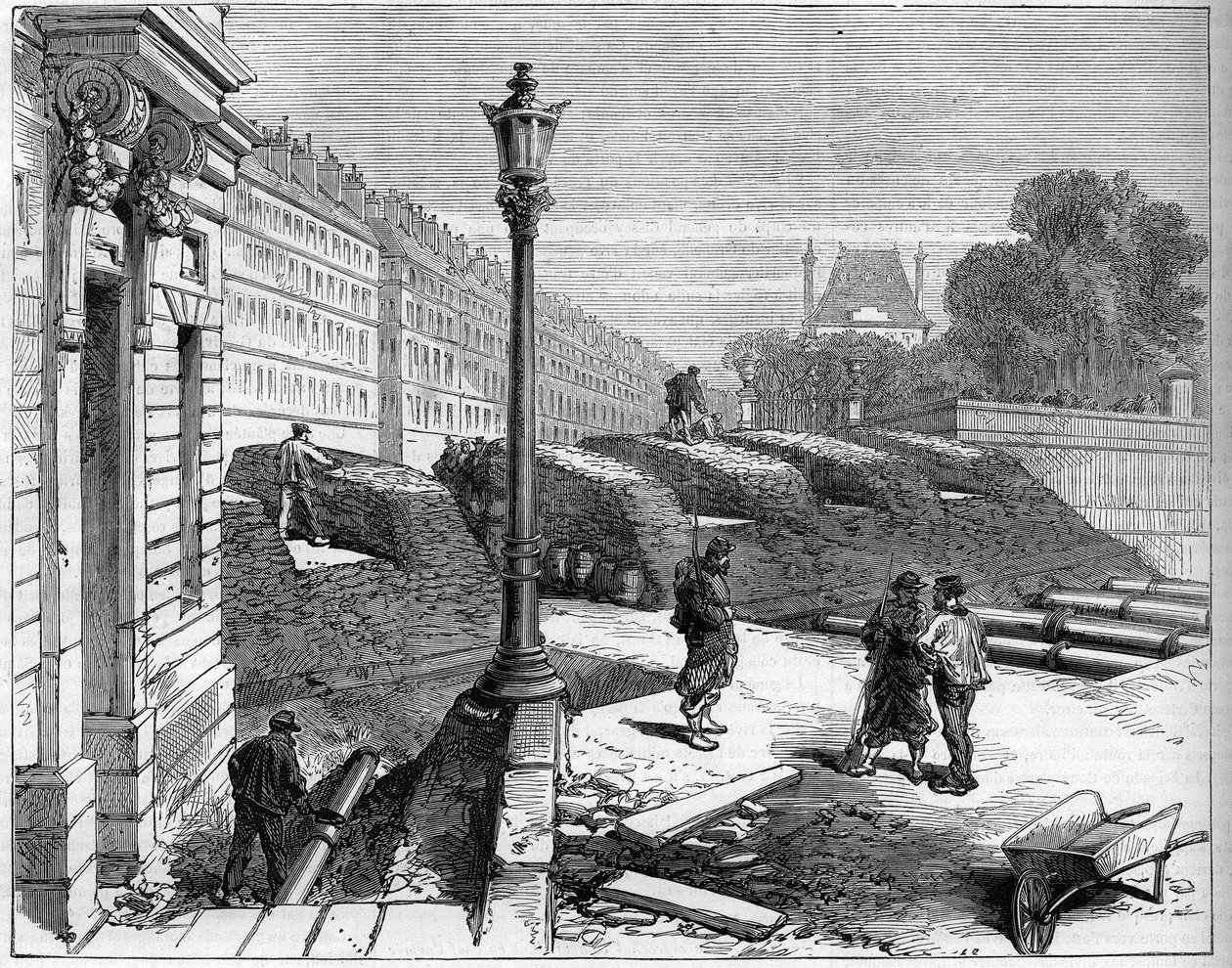 Pariisin kommuuni vuonna 1871. Barricade des federes (communards) Rue de Rivolin ja Place de la Concorden kulmassa. tekijältä Unknown artist