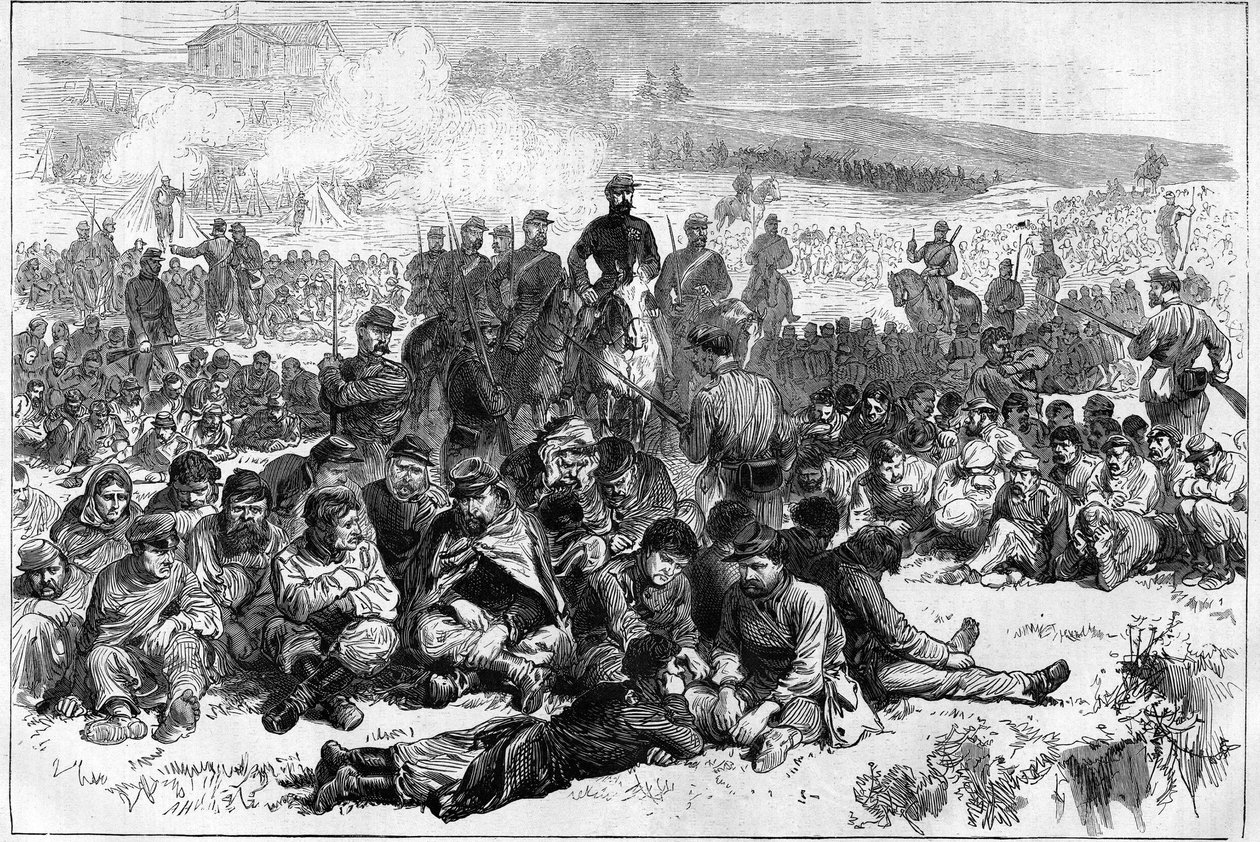 Pariisin kommuuni vuonna 1871. Bellevillen kuntalaiset vangittiin ja vartioivat rauhanturvaajien ryhmä Parc des Buttes Chaumontissa. tekijältä Unknown artist