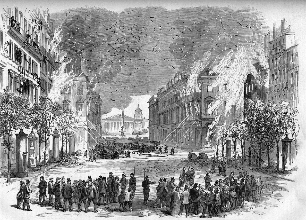 Pariisin kommuuni vuonna 1871. Federes (communards) sytytti tulipalon Rue Royalella verisen viikon aikana (22.-28.5.) tekijältä Unknown artist