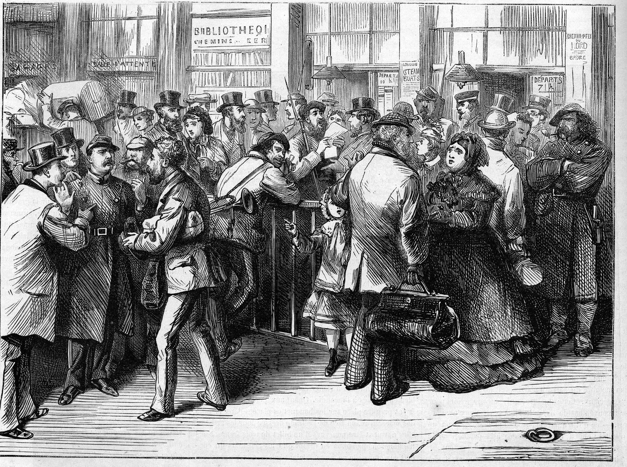 Pariisin kommuuni vuonna 1871. Liittovaltioiden (communards) suorittama passitarkastus henkilöille, jotka lähtevät Pariisista pohjoisen rautateillä. tekijältä Unknown artist