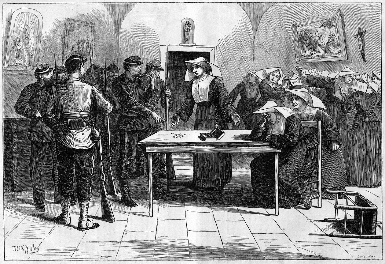 Pariisin kommuuni vuonna 1871. Liittovaltioiden (communards) tekemä etsintä Rue de Sevres -kadulla sijaitsevasta nunnien (Köyhien sisaret) omistamasta talosta. Liittovaltiot, löydettyään rahat nunniyhteisöltä, laittavat rahat takaisin laatikkoon ja palautt tekijältä Unknown artist