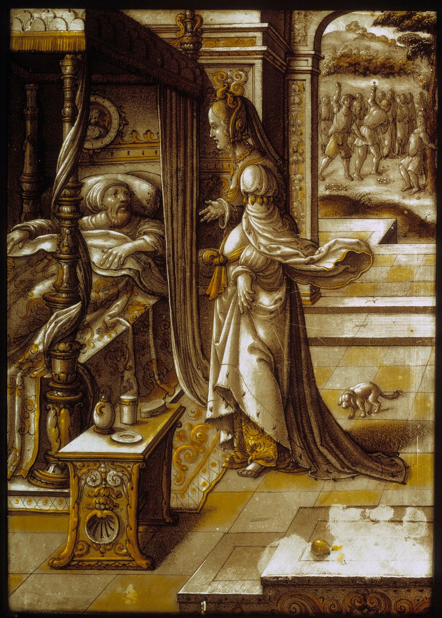 Foinikialainen prinsessa Isebel lupaa naimisissa olevalle Ahabille (Ahab), joka on järkyttynyt siitä, ettei hän saa Nabotin viinitarhaa, saada sen itselleen. Lasimaalaus 1500-luvulta. Pariisi, Louvre-museo tekijältä Unknown artist