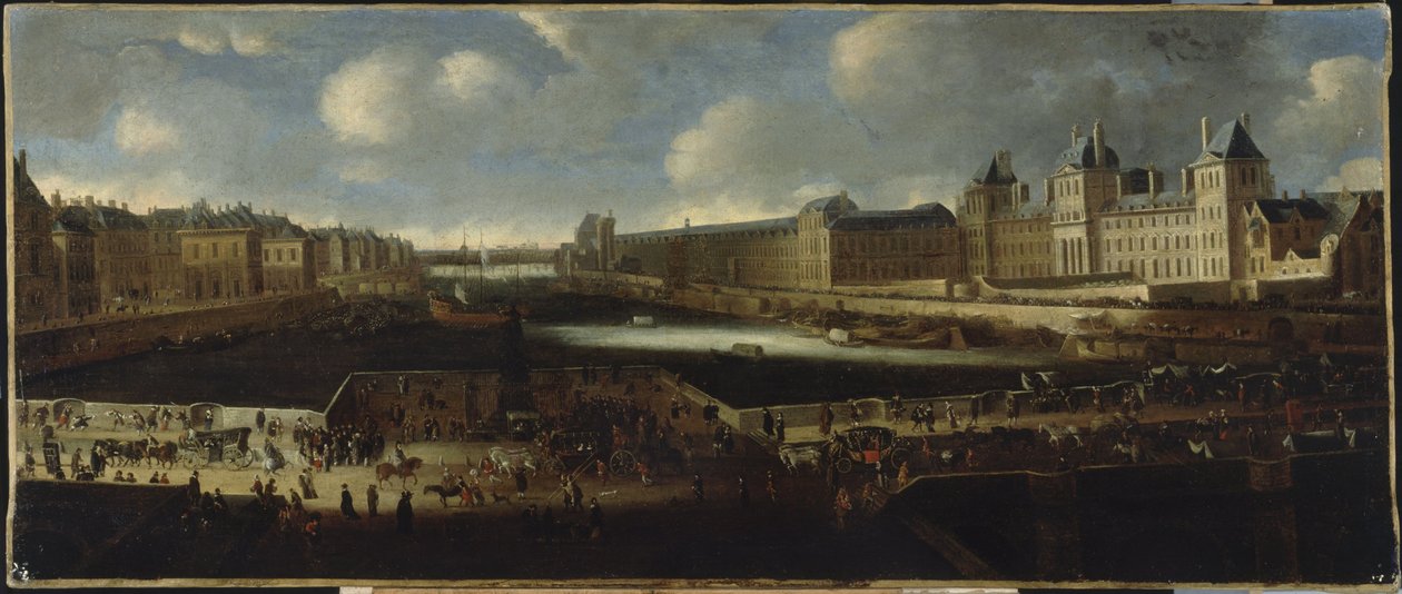 Pont-Neuf, Place Dauphine -aukion sisäänkäynniltä nähtynä, Quai Malaquais ja rakenteilla oleva Collège des Quatre-Nations, Grande Galerie ja Louvre, noin 1665, vuosien 1660 ja 1670 välisenä aikana (öljy kankaalle). tekijältä Unknown artist