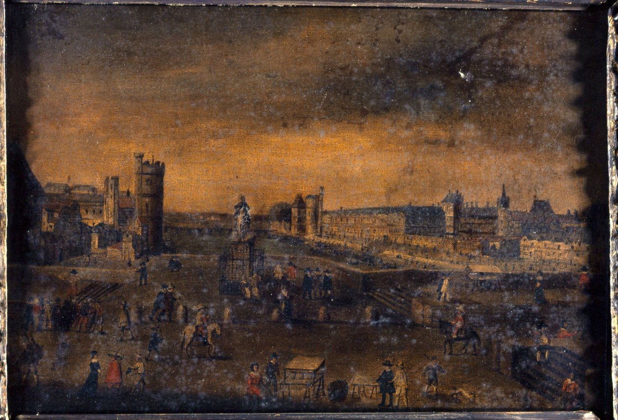 Pont-Neuf, nähtynä Place Dauphine -aukion sisäänkäynniltä, Hôtel de Nevers, Tour de Nesle, Grande Galerie ja Porte Neuve sekä Louvre, noin 1640, nykyiset 1. ja 6. kaupunginosat, vuosien 1635 ja 1645 välillä (öljy kankaalle). tekijältä Unknown artist