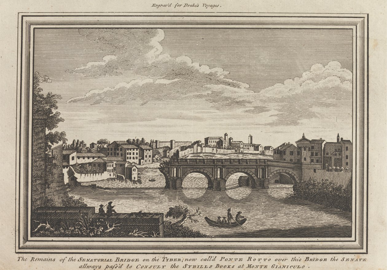 Senaattorisillan jäänteet Tyberillä; Nyt kutsutaan Ponte Rottoksi tämän sillan yli, senaatti meni kaikin tavoin neuvottelemaan Sybills Books -kirjasta Monte Gianiculossa tekijältä Unknown artist