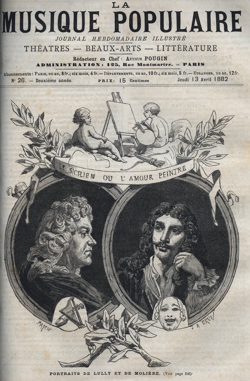 Sisilialainen tai rakkausmaalari - Jean Baptiste Lullyn (Giovanni Battista Lulli) (1632-1687) ja Molieren muotokuva - kaiverrus "" Popular Music"" -kuvitettuun viikkolehteen - 1882 tekijältä Unknown artist