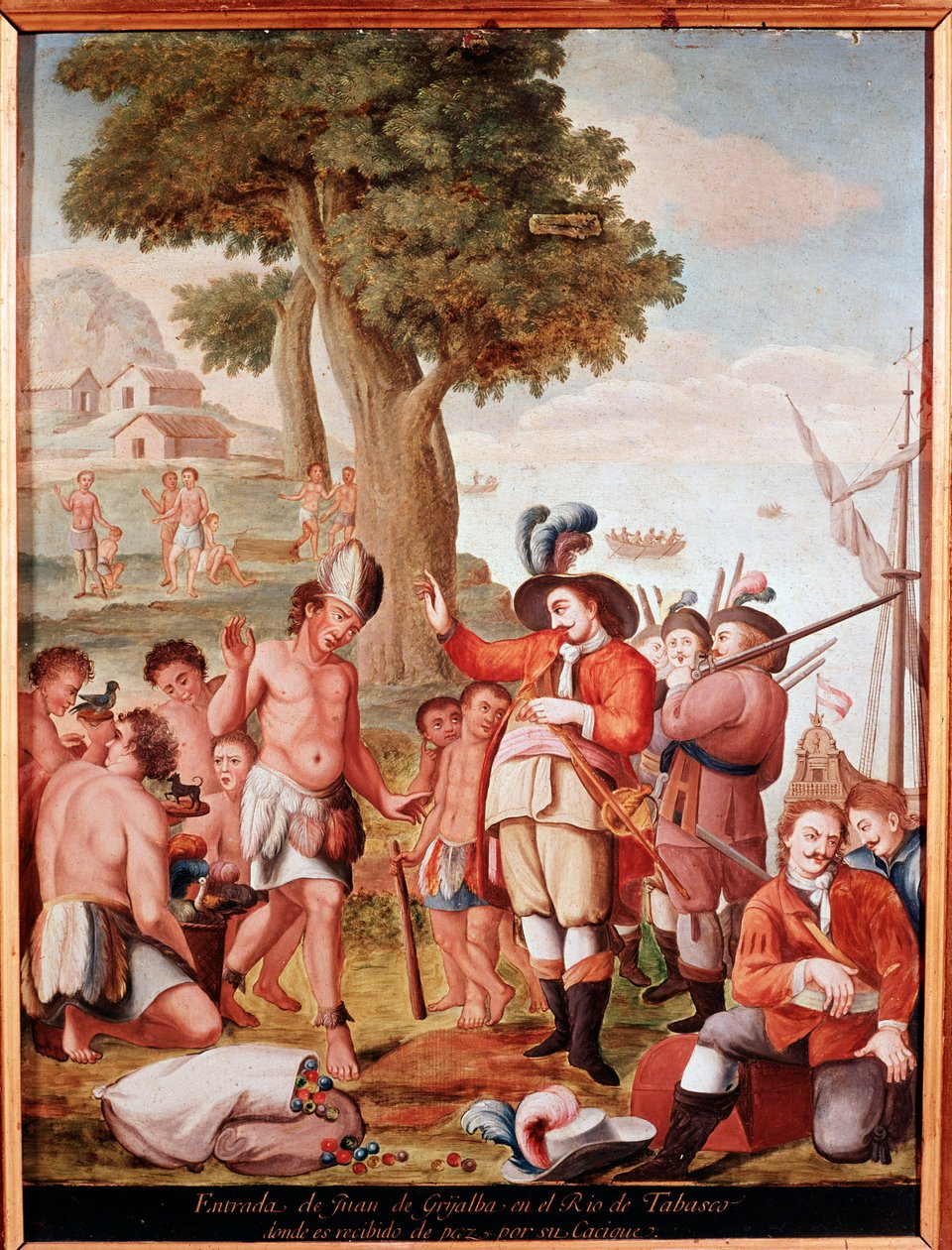 Espanjalainen valloittaja Juan de Grijalva (1489-1527) laskeutuu Tabascoon, Meksikoon vuonna 1518. Nimetön maalaus 1700-luvulta. Madrid, Amerikan museo tekijältä Unknown artist