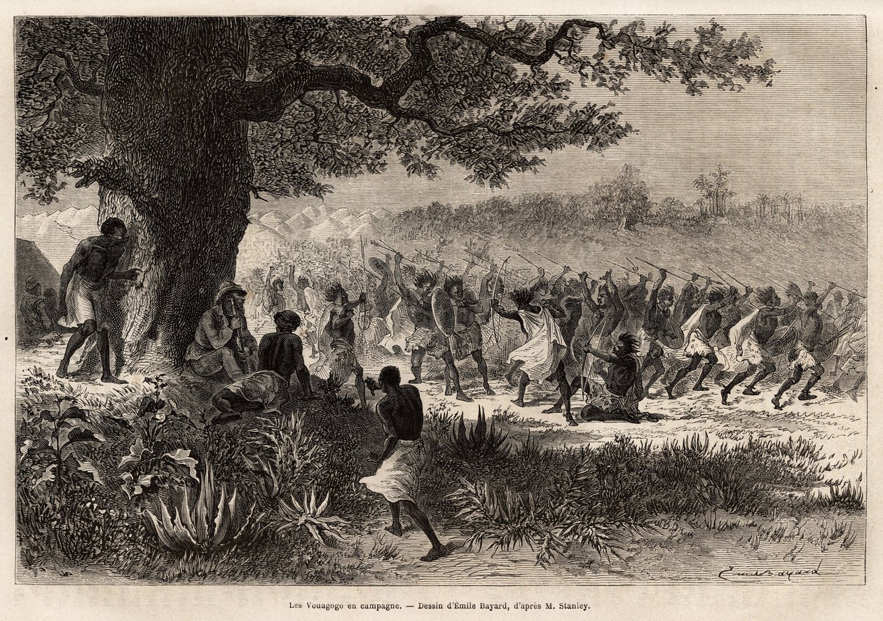 Vouagogo (Tansanian heimo) valmistautumassa sotaan, puun alla, tarinan kirjoittaja Henry Morton Stanley (1841-1904). Kaiverrus havainnollistamaan matkaa etsimään Livingstonea Keski-Afrikasta, kirjoittanut Henry Stanley, New-Y:n kirjeenvaihtaja tekijältä Unknown artist