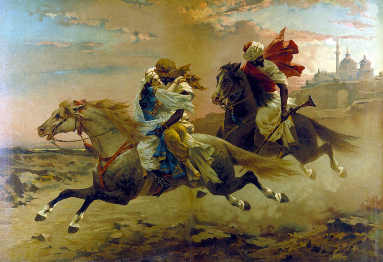 Haaremin sieppaus: kaksi maurilaista ratsastajaa sieppaavat nuoren naisen. tekijältä Unknown artist