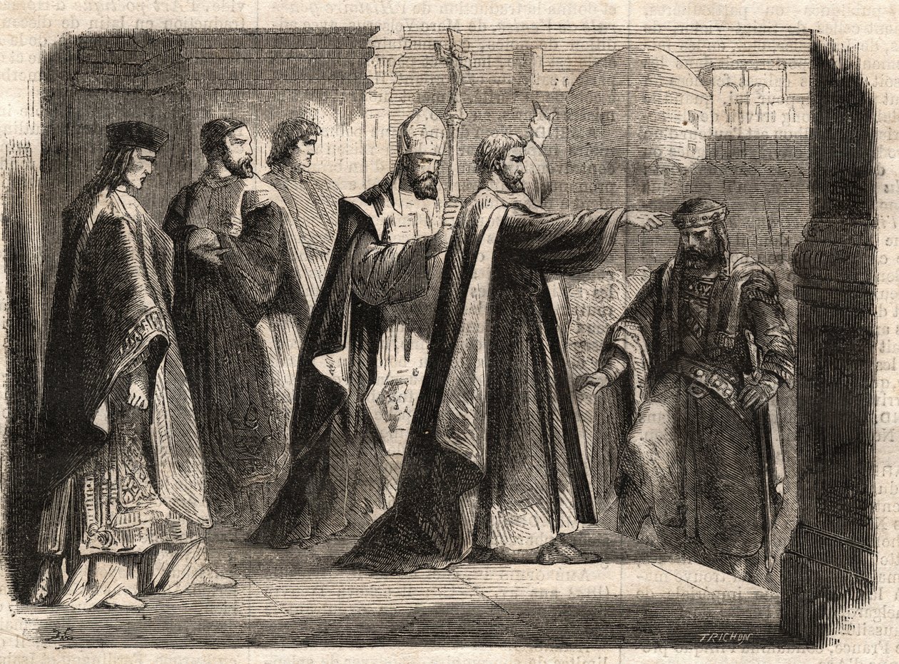 Milanon arkkipiispa Pyhä Ambrosius (Aurelius Ambrosius, Ambrogio di Milano (340-397) kielsi Rooman keisari Theodosius I:ltä (Flavius Theodosius) (347-395) pääsyn kirkkoon rangaistakseen häntä Thessalonikan verilöylystä vuonna 390 - Excommunicati tekijältä Unknown artist