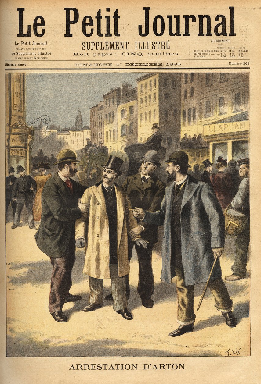Emile Artonin (1859-1905), korruptoituneen välittäjän pidätys Panaman skandaalitapauksessa, joka on ollut pakossa useita vuosia. Kaiverrus "" Le petit Journal" -lehdessä 12.1.1895. Selvan kokoelma. tekijältä Unknown artist