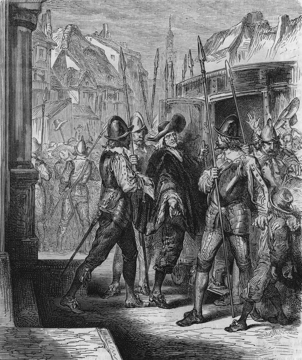 Pierre Brouselin (1575 - 1654) pidätys vuonna 1648 Itävallan Annen määräyksellä, mikä aiheutti ihmisten helpotuksen (barrikadien päivät) ja Fronden. Kaiverrus vuodelta 1866. tekijältä Unknown artist
