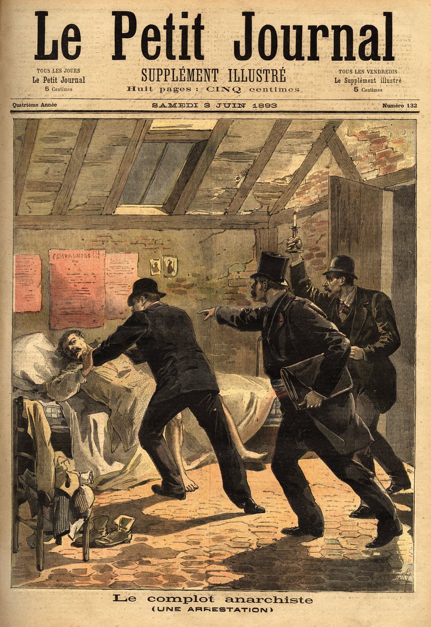 Anarkistin pidätys Pariisissa ja salaliiton elementti ja dynamiittikätköt. Kaiverrus "" Le petit Journal" -lehdessä 3.6.1893. Selvan kokoelma. tekijältä Unknown artist
