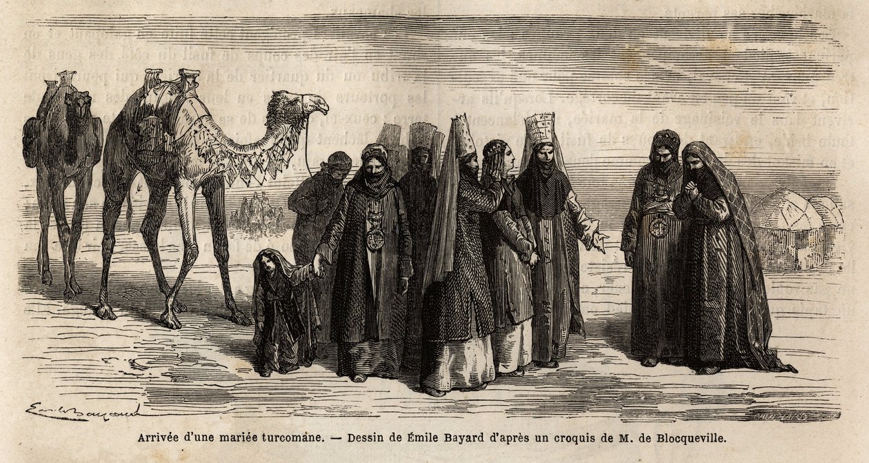 Turkkilaisen (Turkmenistan) vaimon saapuminen miehensä perheeseen; tyttäret eivät mene naimisiin ennen 17-vuotiaana, valitsee aviomies, joka neuvottelee myötäjäiset (jonka hän antaa tulevan vaimonsa perheelle) ja avioliiton ehdot. Kaiverrus tekijältä Unknown artist
