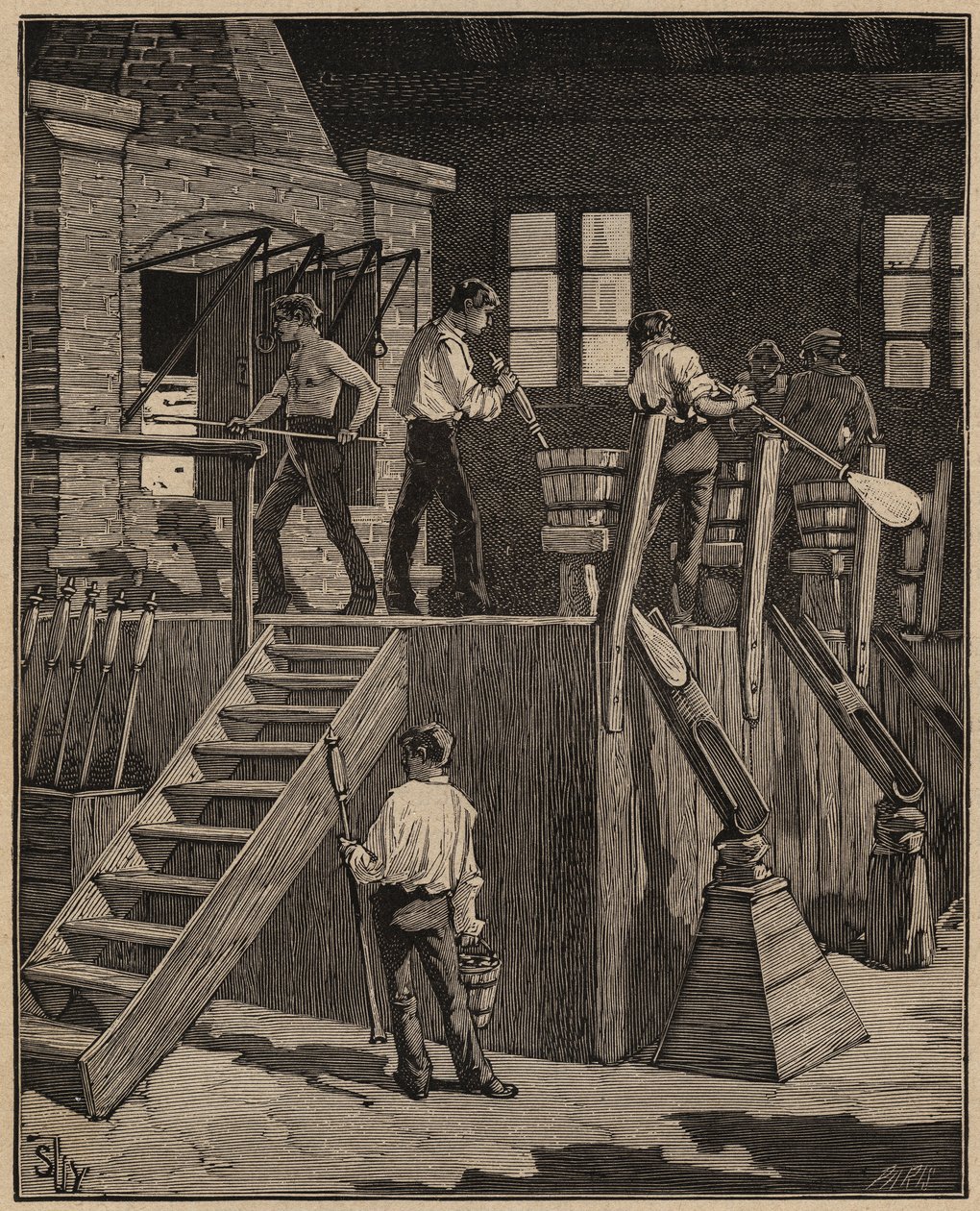 Lasitaide: lasityöläiset valmistavat lasia ranskalaisella menetelmällä. Kaiverrus vuodelta 1885 kirjassa "Les arts et metiers illustres", kirjoittanut Adolphe BITARD. tekijältä Unknown artist