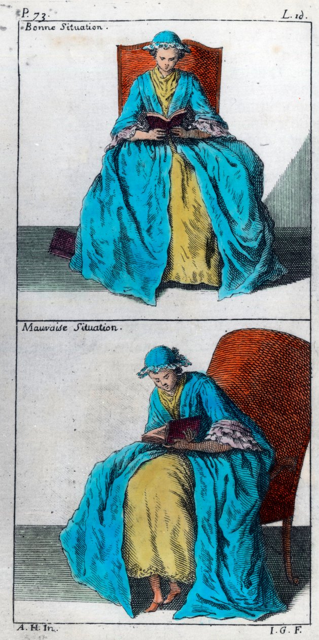 Taide ehkäistä ja korjata lapsilla kehon epämuodostumia: hyvä ja huono asento lukemiseen. Kaiverrus 1700-luvulta. Yksityinen kokoelma. tekijältä Unknown artist