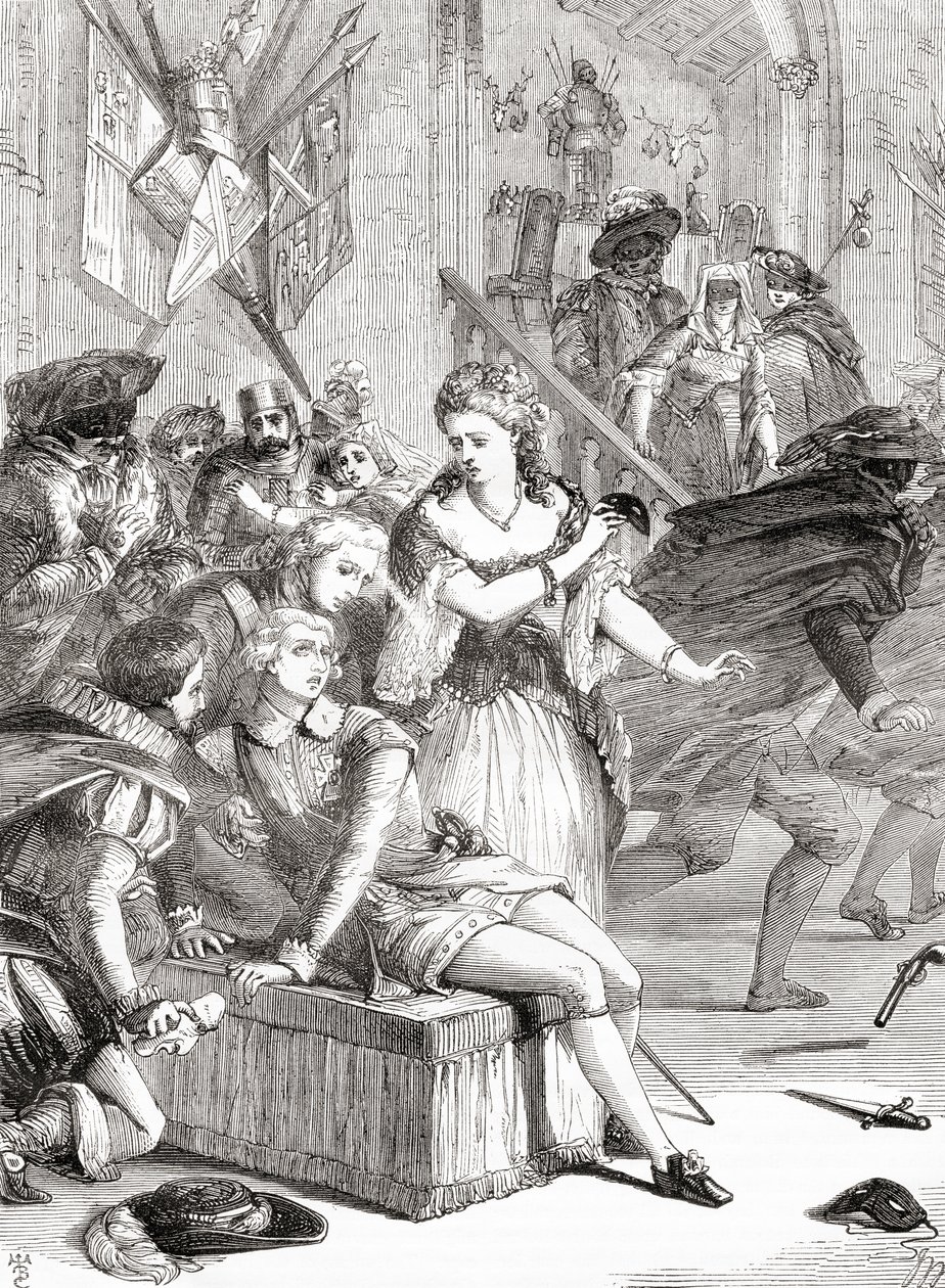 Jackob Johan Anckarströmin tekemä Kustaa III:n salamurha naamiaisissa, Tukholma, Ruotsi, 1792 (kaiverrus). tekijältä Unknown artist