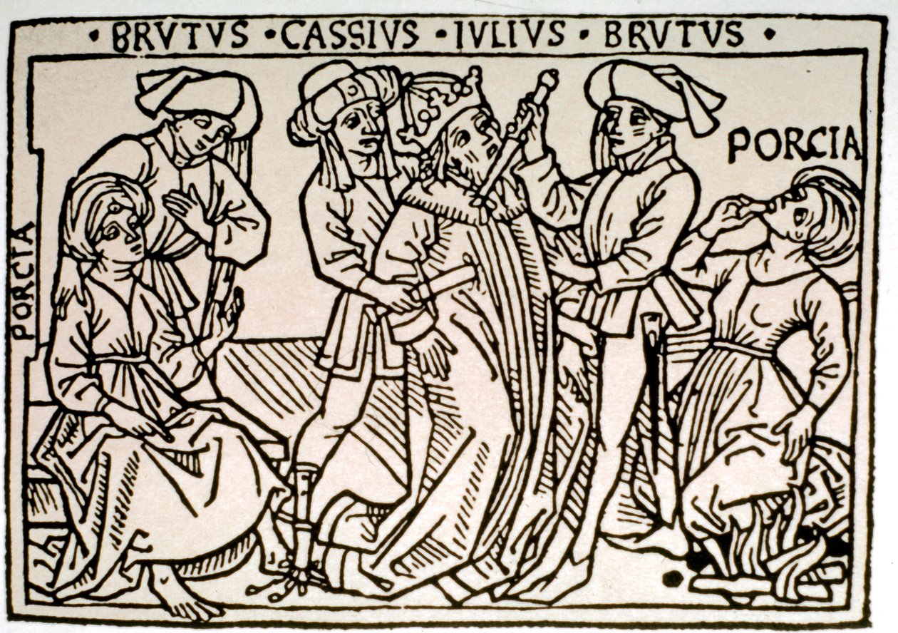 Jules Cesarin (100-44 eKr.) salamurha: Brutus ja Cassius puukottavat häntä, kun taas Brutuksen vaimo Porcie katoaa. Ksylografia 1500-luvun Roomasta, Biblioteca Vallicelliana ©Luisa Ricciarini/Leemage tekijältä Unknown artist