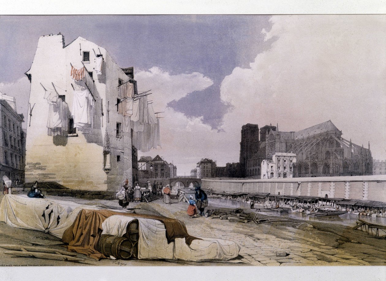 Seinen ja Notre Dame de Parisin rannat - litografia tekijältä Unknown artist