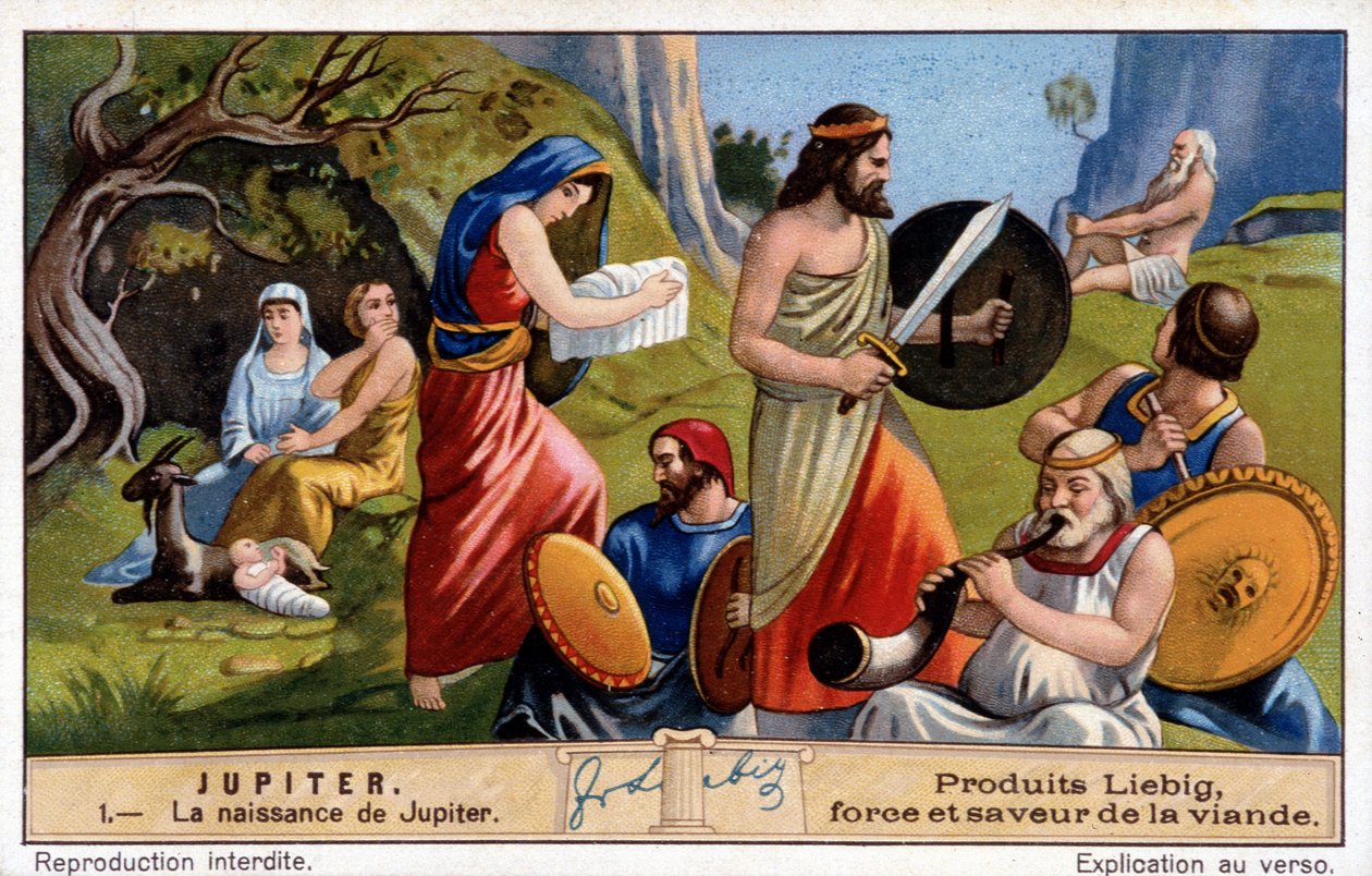 Jupiterin syntymän Rhea kätkee hänet salassa ja antaa pellavaan käärityn kiven Titan Saturnukselle - Liebig-kromolitografia tekijältä Unknown artist