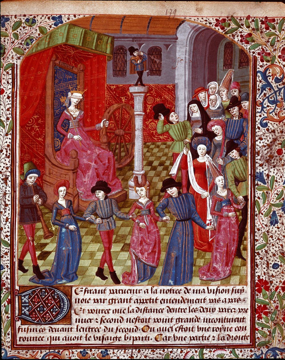 Sokea onni kääntää pyörää, ihmiset sen edessä ovat kohtalon, onnen ja pienoismalli Malheurin allegoria, joka on otettu Jean Gersonin (1363-1429) teoksesta "The Tresor of Sapieence" (tai "Rakastuneen puutarhan herkku") (ms. 1513, fol. 179 r.) 15th Centu tekijältä Unknown artist