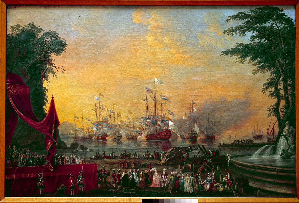Toulonin suojalaivasto räjähtää Provencen kreivin (tuleva Louis XVIII) ja Itävallan keisari Joseph II:n Nimettömän maalauksen vierailun aikana. 1700-luvun Pariisin merimuseo tekijältä Unknown artist