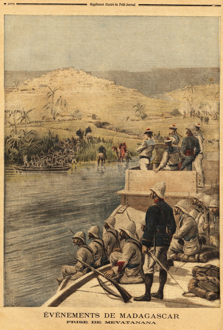 Ranskan armeija valtasi Mevatananan (Madagaskar). Kaiverrus "" Le petit Journal" -lehdessä 30.6.1895. Selvan kokoelma. tekijältä Unknown artist
