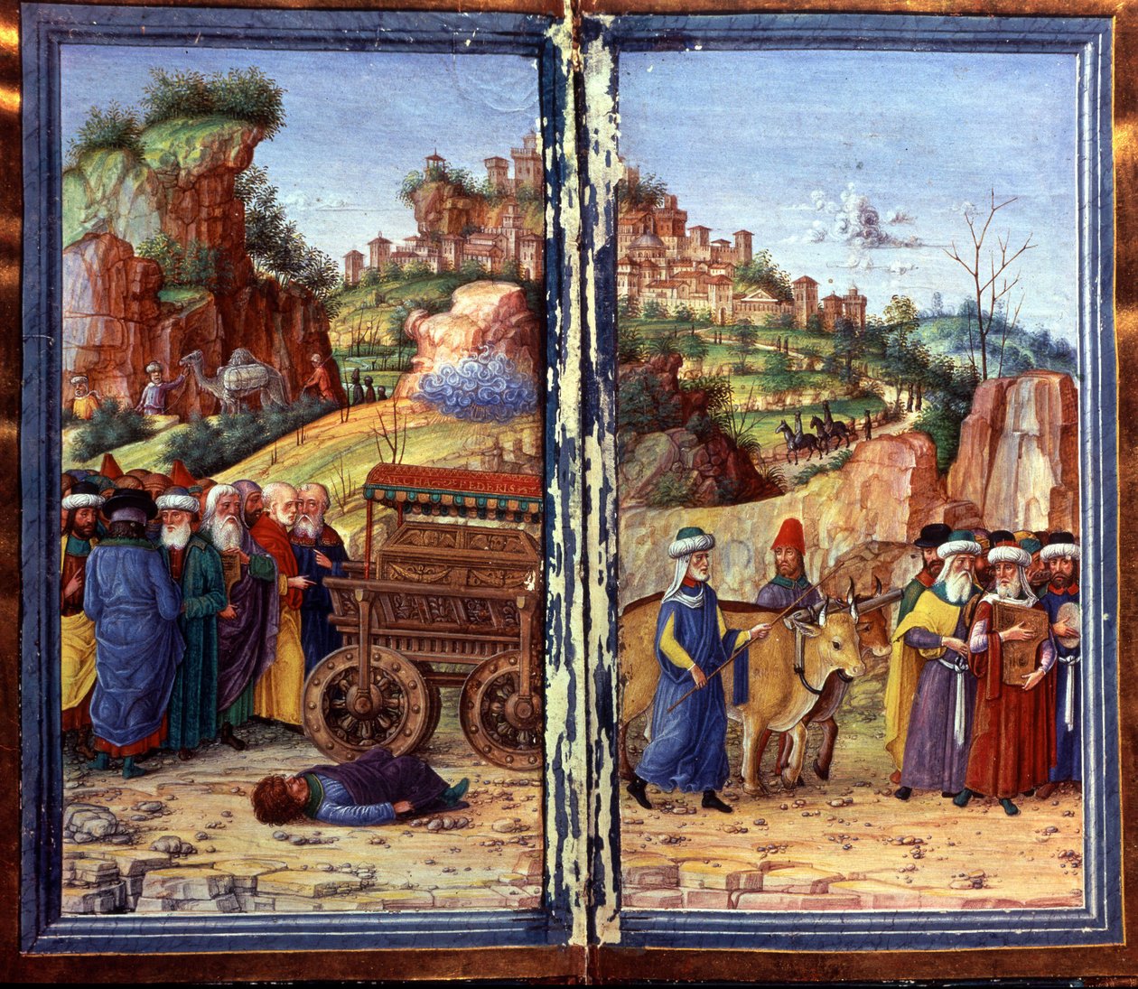 Pyhän liitonarkin vaunu, jonka jälkeen Daavid soittaa psalteria; Ozam, joka oli yrittänyt pitää häntä kiinni, on maassa kuolleena. Daavidin Psalterion tekijältä Unknown artist