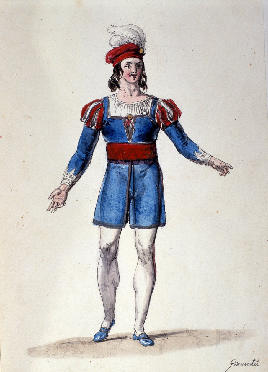 Nuoruutta tulkitseva hahmo itävaltalaisen säveltäjän Franz Xaver Sussmayrin (1766-1803) baletissa Il noce di Benevento. Kuva 1800-luvulta tekijältä Unknown artist
