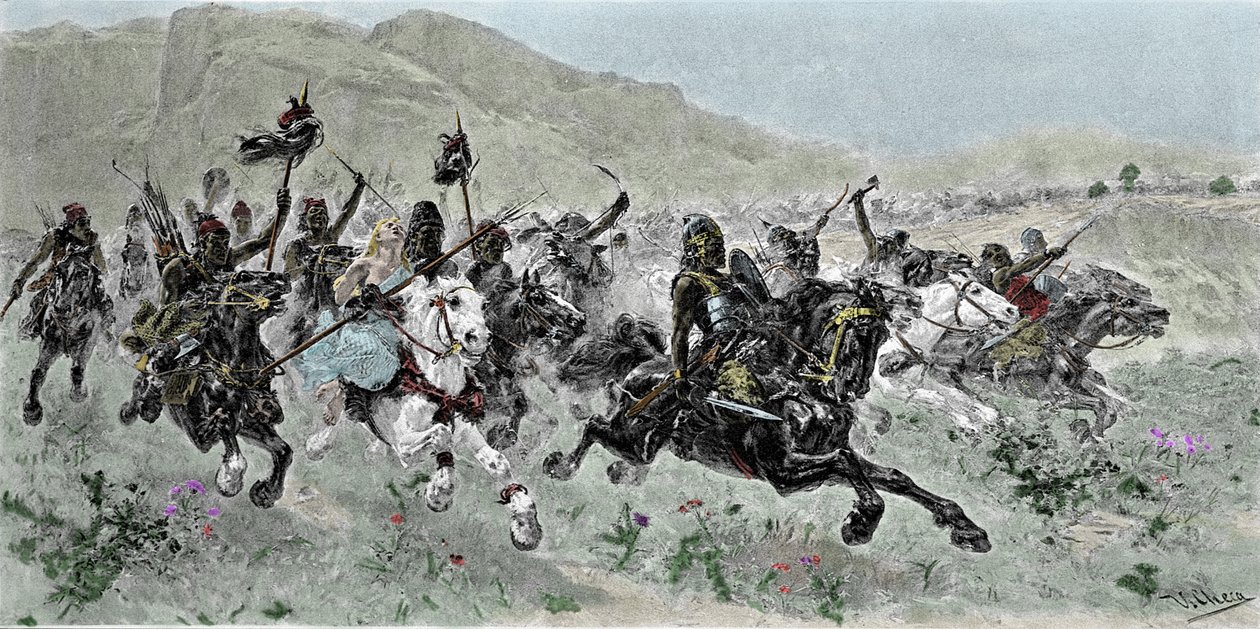 Attilan (405-453) johtamien hunnien hyökkäys, joka lykkää Italiaa, 5. vuosisata - U. Checan kaiverrus tekijältä Unknown artist