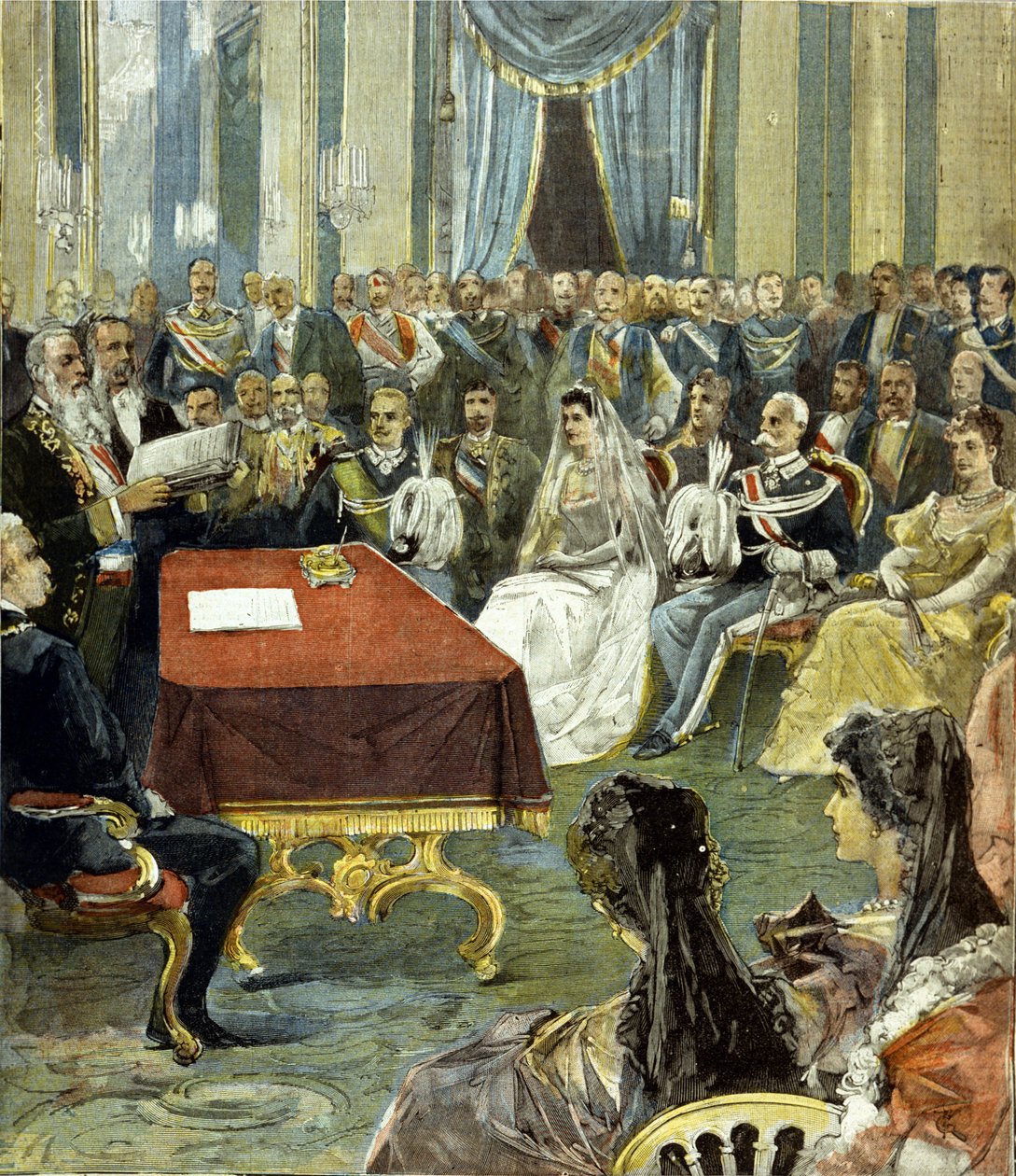 Napolin prinssin - josta tuli Victor Emmanuel III (Victor Emmanuel) (Vittorio Emanuele) - siviiliavioliitto Montenegron prinsessa Helenen kanssa Quirinalin palatsissa vuonna 1896. Keskellä näkyy Humbert I (Umberto) vasemmalla morsian. tekijältä Unknown artist