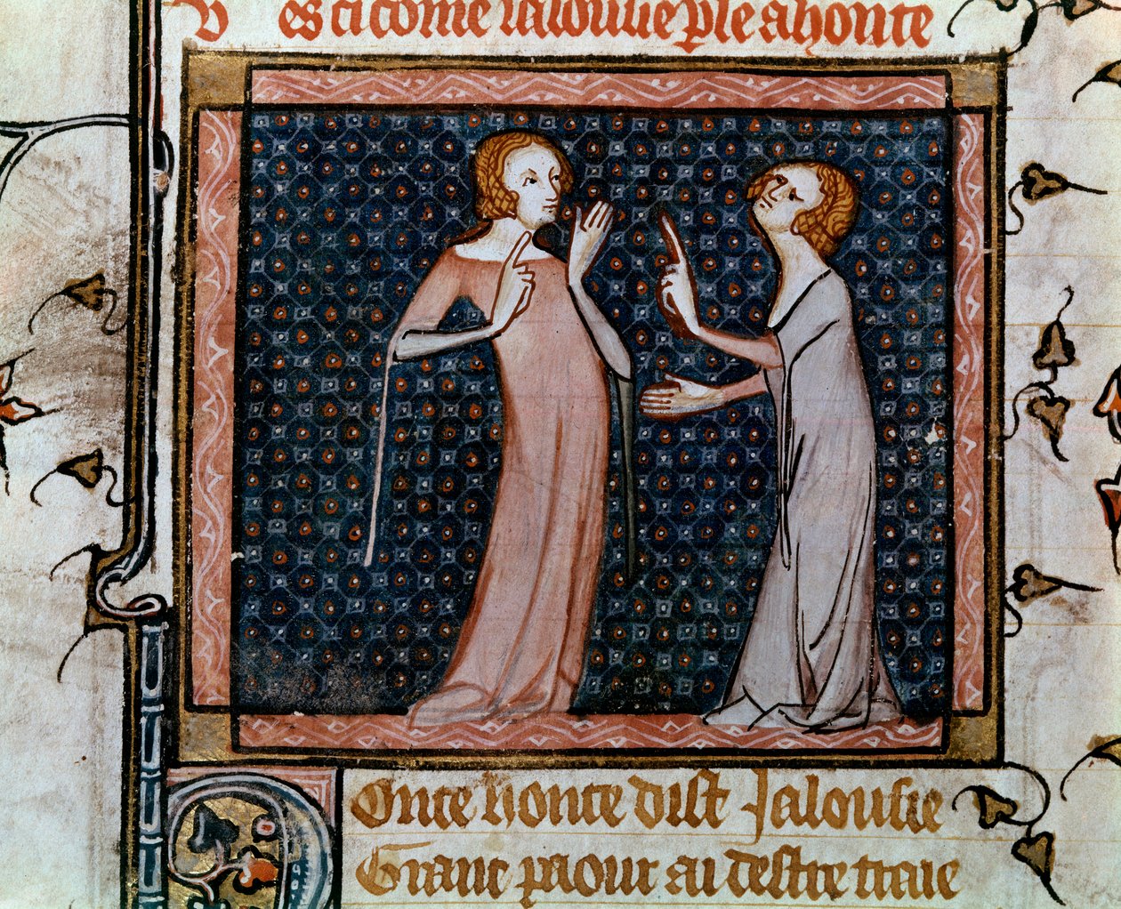 Jean de Meunin, Jean de Meungin tai Jean Chopinelin, Jean Clopinelin (v.1240-1305) kollokviumi mustasukkaisuudesta ja häpeästä Miniatyyri "" Roman de la rose" -kirjassa, noin 1370. Pariisi, Sainte Genevieven biblioteek tekijältä Unknown artist