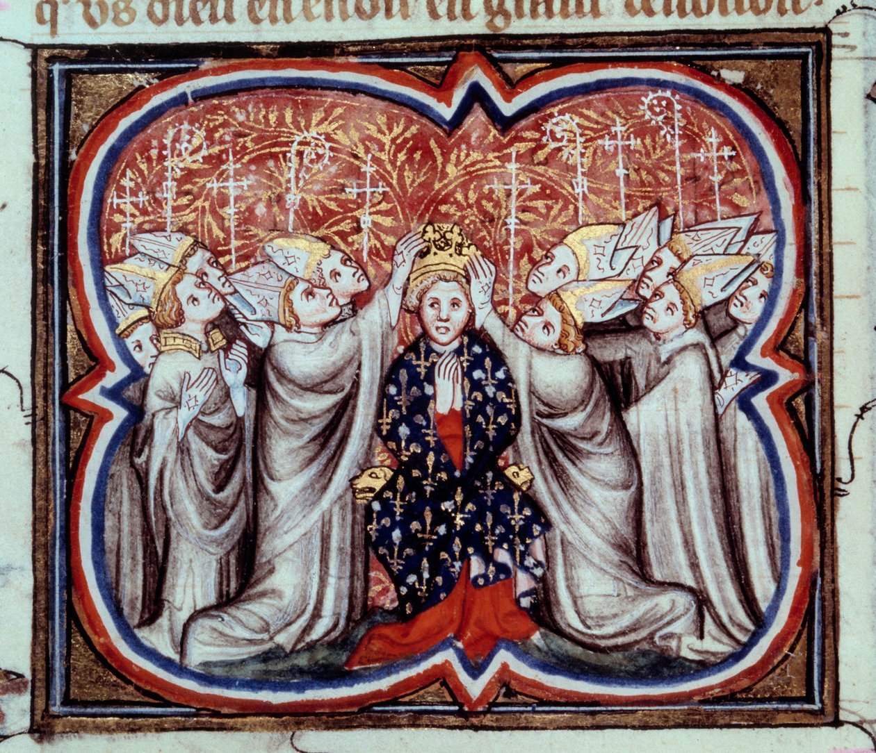 Kuningas Philip Augustuksen (1165-1223) kruunattiin Reimsin katedraalissa 1.11.1179. Miniatyyri 1300-luvun käsikirjoituksesta. Paris, B.N. tekijältä Unknown artist