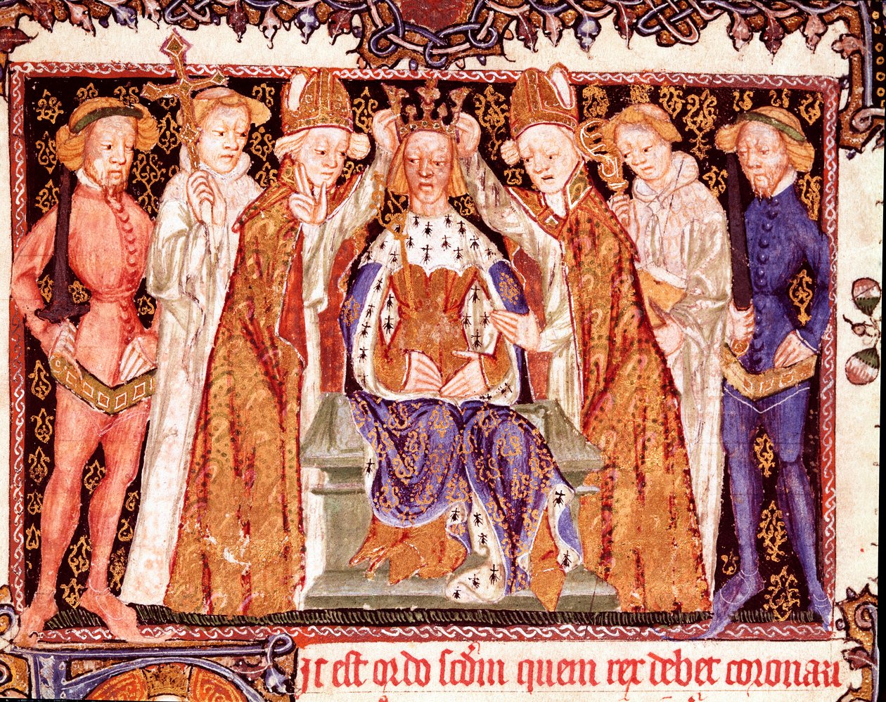 Kuninkaan kruunaus Luultavasti Englannin kuningas Richard II (1367-1400). Miniatyyri kruunausriittejä käsittelevästä käsikirjoituksesta "" Liber regalis"" 1300-luvun Pamplona, Navarran arkisto tekijältä Unknown artist