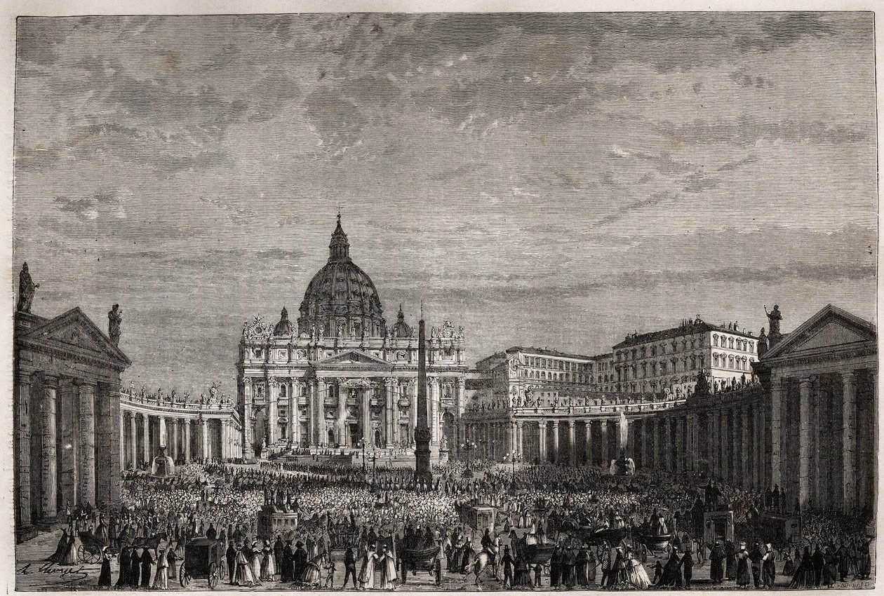 Yleisö ryntäsi Vatikaanin Pyhän Pietarin aukiolle vastaanottamaan paavi Pius IX:n (1792-1878) suuren pääsiäisen siunauksen. Ludovic Cellerin kaiverrus havainnollistamaan tarinaa pyhän viikosta Roomassa vuonna 1863 teoksessa "Le tour du monde, nouveau journ tekijältä Unknown artist