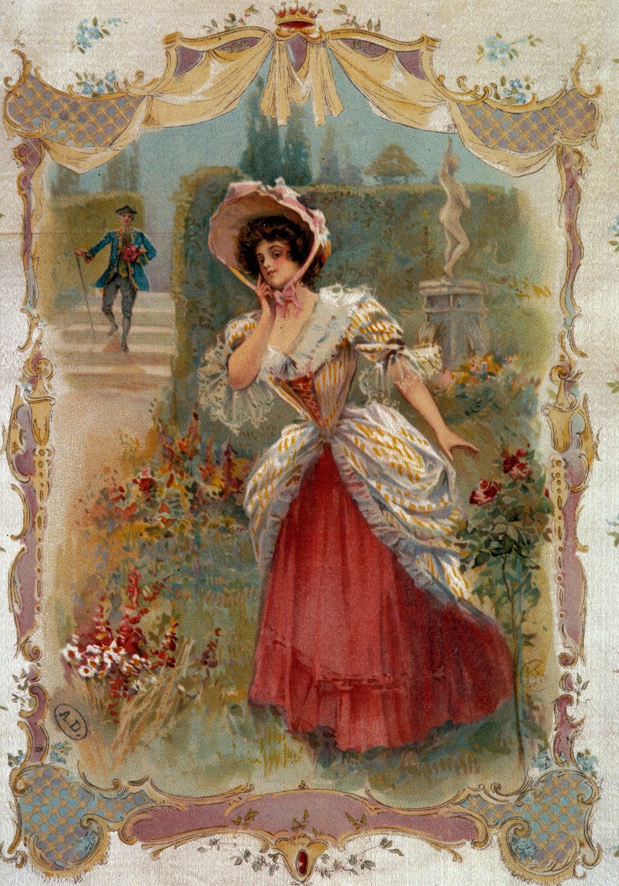 Treffit Nuori nainen odottaa sulhastaan. 1800-luvun Pariisin litografia, koristetaide tekijältä Unknown artist