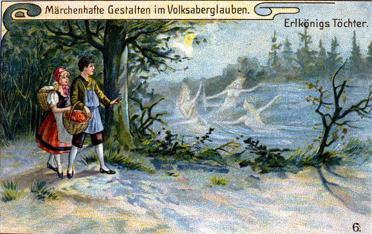 Haltioiden kuninkaan tyttäret. Saksalaisen mytologian upea luonne. kromolitografia 1800-luvulta. tekijältä Unknown artist
