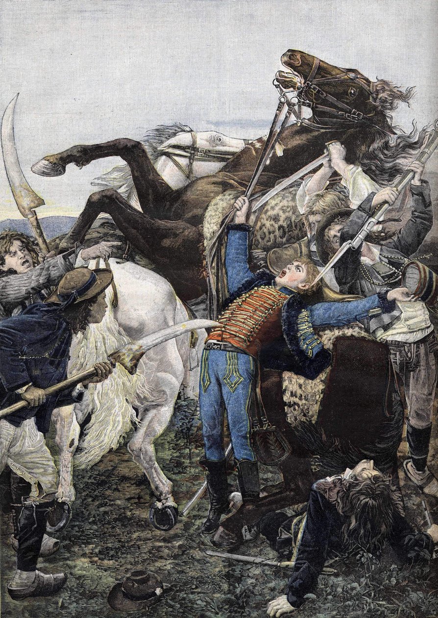 Joseph Baran (1779-1793) kuolema, republikaanijoukkojen rumpali ja todennäköisesti varkaiden surmaama. Kaiverrus vuodelta 1894 tekijältä Unknown artist