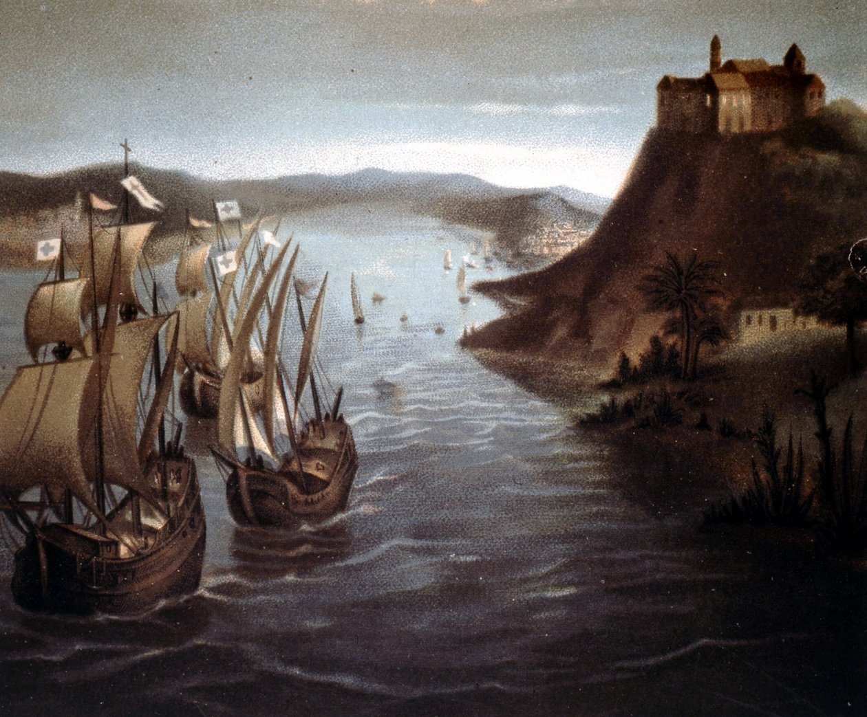 Kristoffer Kolumbuksen lähtö Paloksesta. 1800-luvun kromolitografia. tekijältä Unknown artist