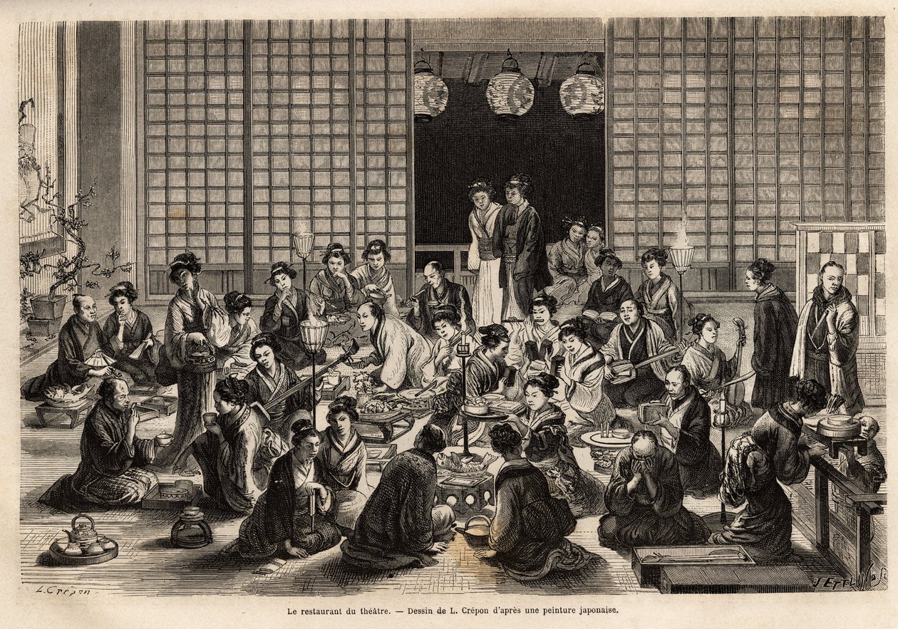 Yokohama-teatterin ruokasali on jatkuvasti täynnä, jopa esityksen aikana. Kaiverrus havainnollistamaan matkaa Japaniin, Sveitsin valaliiton ministeri Aime Humbert vuosina 1863-1864, julkaistu "" le tour du monde" -lehdessä. tekijältä Unknown artist