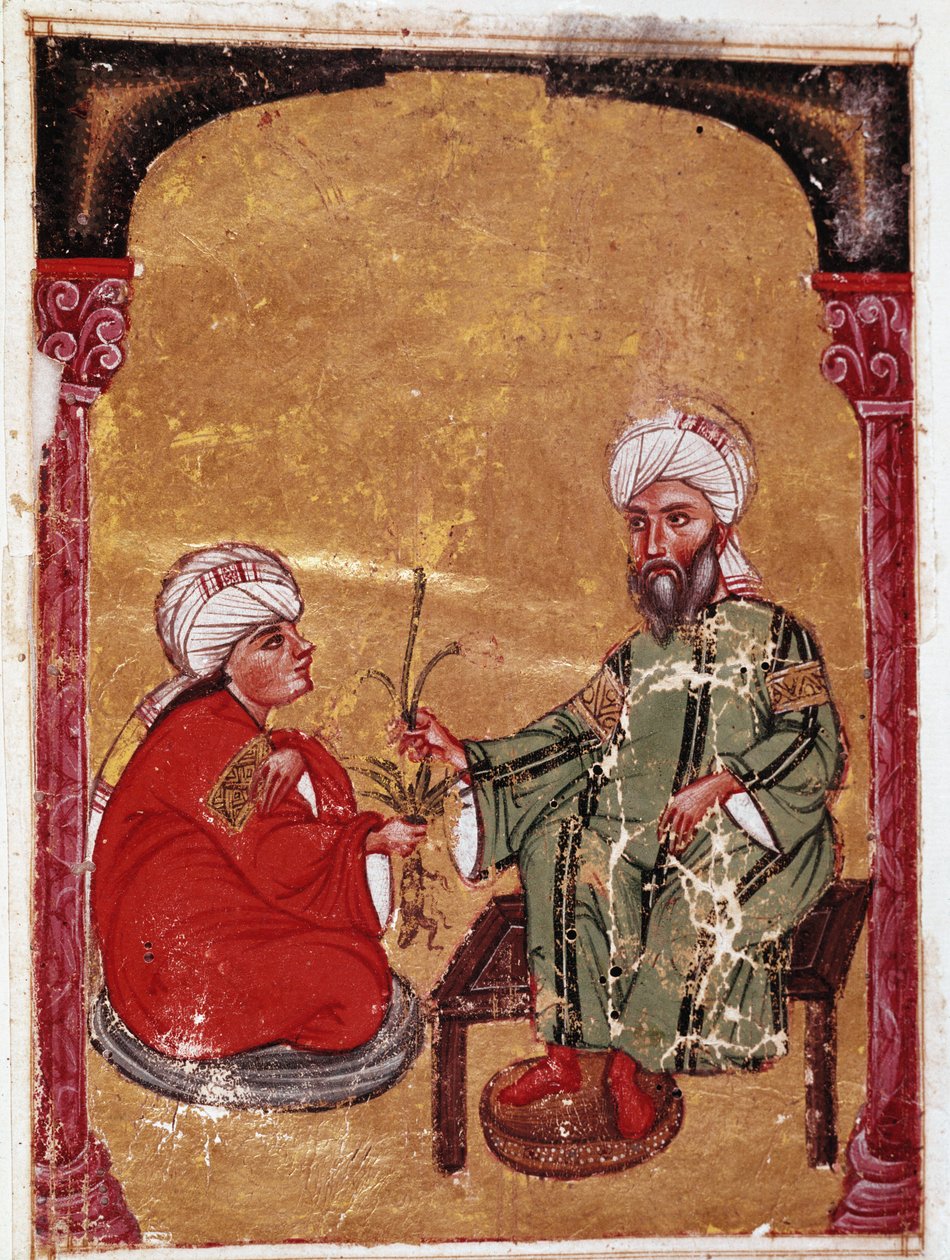 Lääkäri ja kasvitieteilijä Pedanius Dioscoride (Pedanius Dioscorides) (40-90 jKr.) istumassa yhden oppilaansa kanssa Miniatyyri hänen tutkielmansa "De materia medica" (ms Ahmed III, 2147, folio 217a) 1229 Topkapi Sarayi Museum Library, Istanbul tekijältä Unknown artist