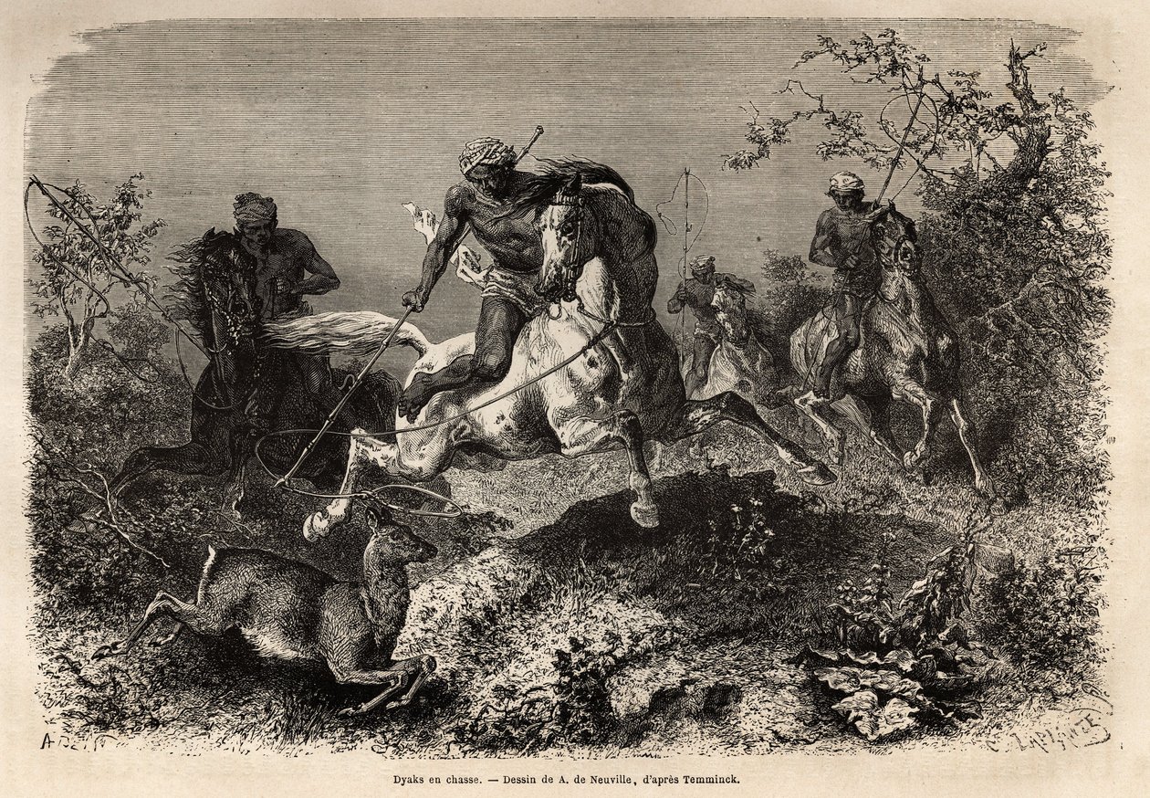 Dyakit (alkuperäiskansat Borneolle) metsästys-, ratsastus- ja lasso-aseita. Kaiverrus havainnollistamaan matkaa Malesian saaristossa, Alfred Russell Wallace, 1854-1862, julkaistu "" Le tour du monde""" 1870-1871, toimittanut Edouard Charton, Hachett tekijältä Unknown artist