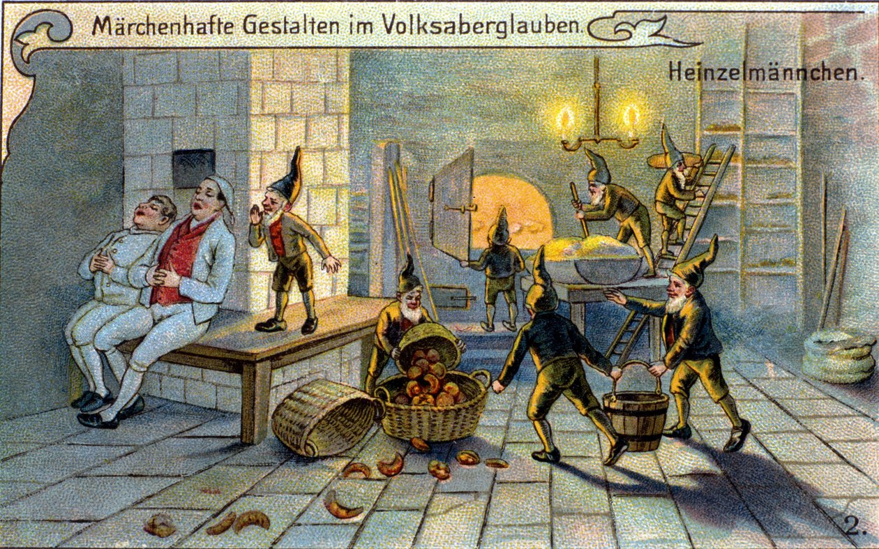 Tontut, suosittujen perinteiden upeita hahmoja: he valmistavat leipää leipurien nukkuessa. kromolitografia 1800-luvulta. tekijältä Unknown artist