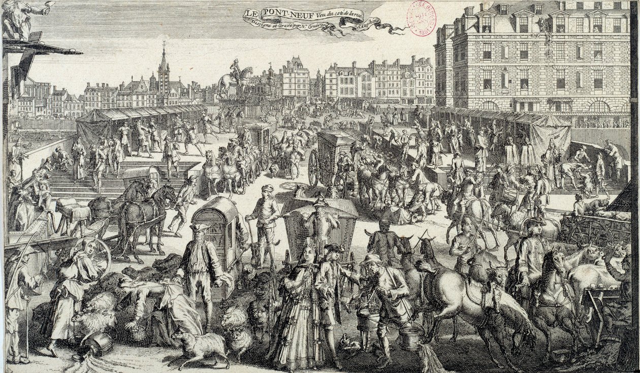 Pont Neufin hämmennys Pariisissa. Kuva liikenteestä ja ruuhista Pariisin kaduilla 1700-luvulla. Kaiverrus vuodelta 1710. Paris, Musee Carnavalet tekijältä Unknown artist