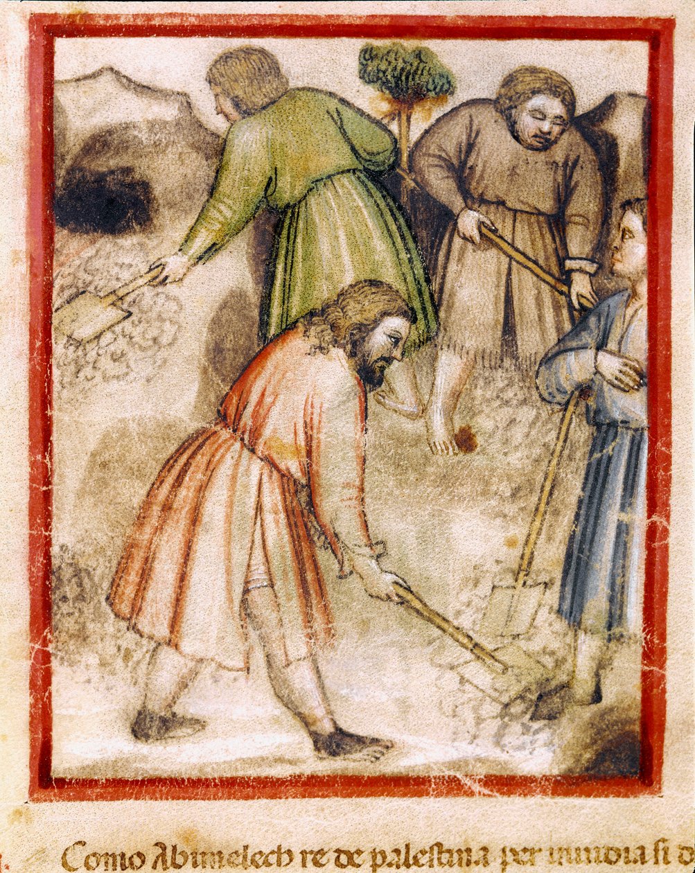 Kateelliset filistealaiset täyttävät Isaac Miniaturen ontot kaivot koodeksista 212 (tai padovano-koodista tai Padovan Raamatusta) 1390-1400 Rovigo, Accademia dei Concordi tekijältä Unknown artist