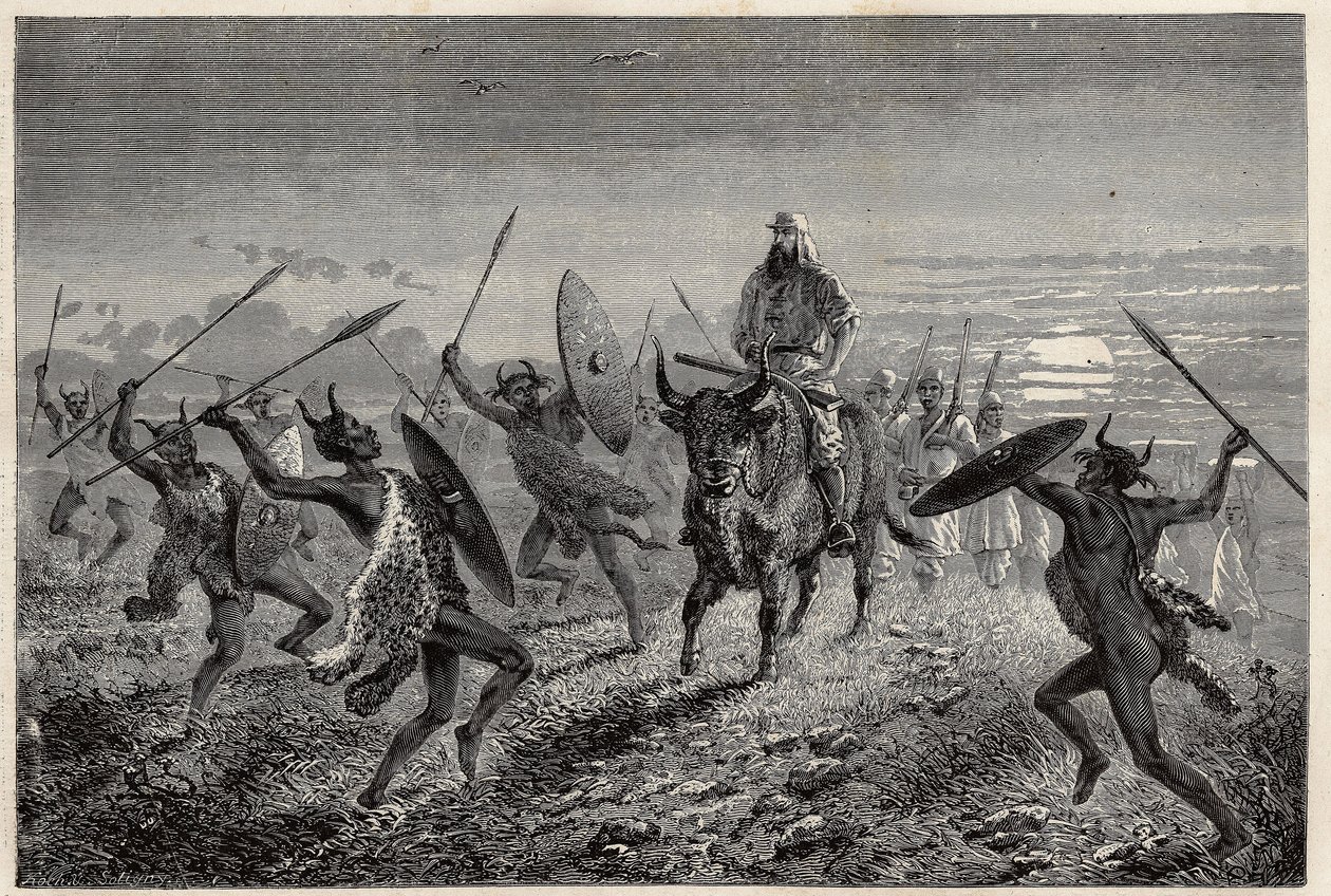Matkustaja Bakerille määrätty saattaja suorittaa fantasia ennen lähtöä Albert-järvelle (tai Albert Nyanzaan). Sir Samuel White Bakerin kaiverrus havainnollistamaan matkaa Albert-järvelle vuosina 1861-1864 teoksessa "Le tour du monde, nouveau journal des vo tekijältä Unknown artist