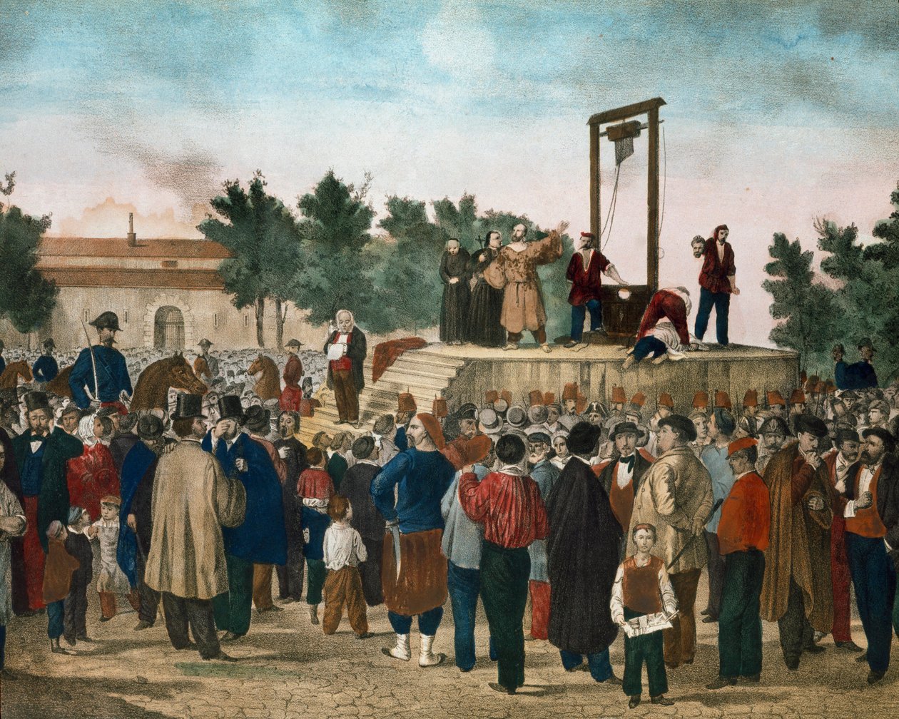Felice Orsinin (1819 - 1858) ja Pierin teloitus 13.3.1858, jotka suorittivat 14. tammikuuta 1858 hyökkäyksen Napoleon III:ta vastaan Place de la Roquette -aukiolla Pariisin litografiassa 1800-luvun lopulla. Milanon yksityinen kokoelma tekijältä Unknown artist