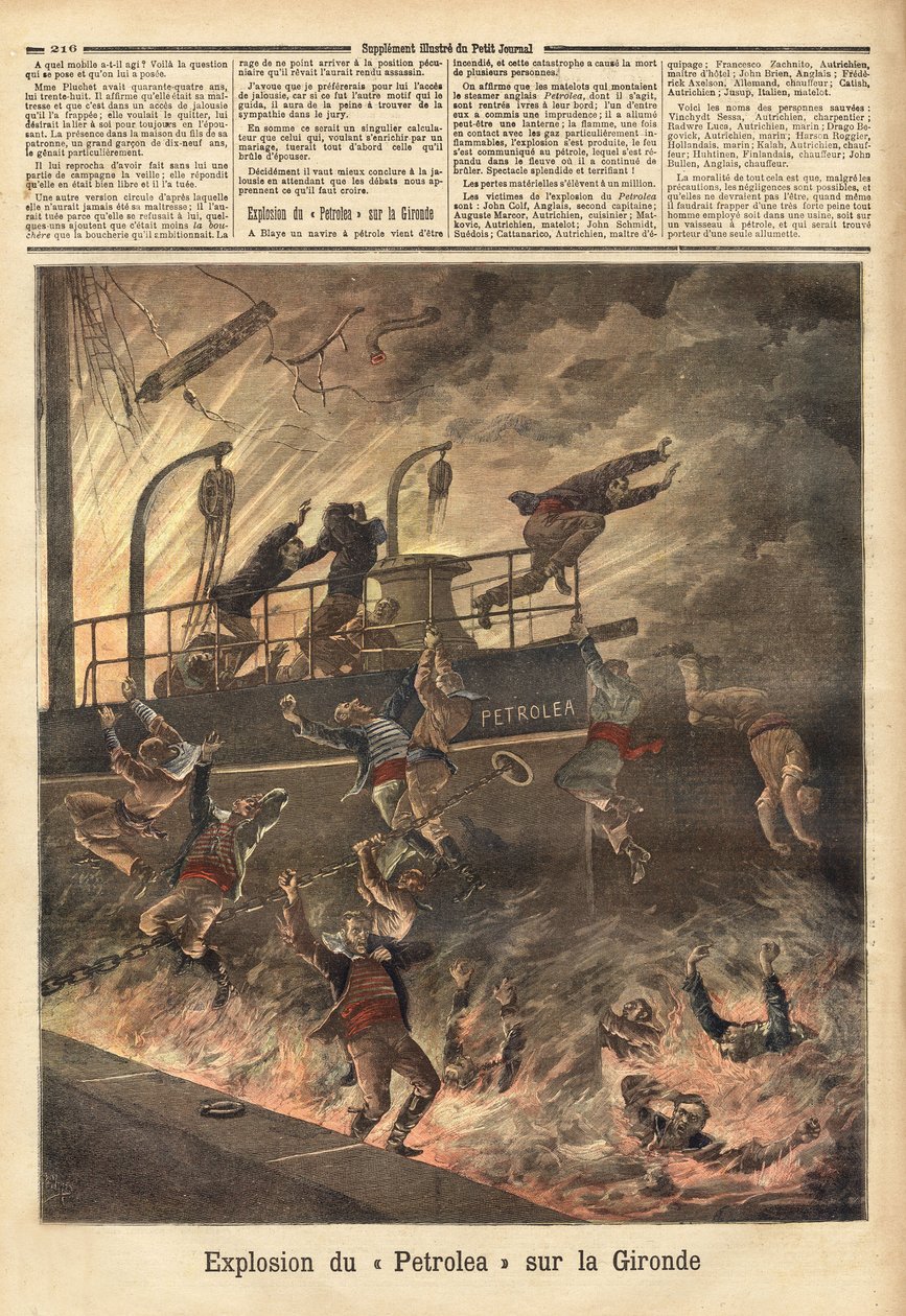 Öljyä kuljettavan englantilaisen "Petrolean" räjähdys Blayessa Gironden varrella. Kaiverrus "" Le petit Journal" -julkaisussa 4/06/1892. Selvan kokoelma. tekijältä Unknown artist
