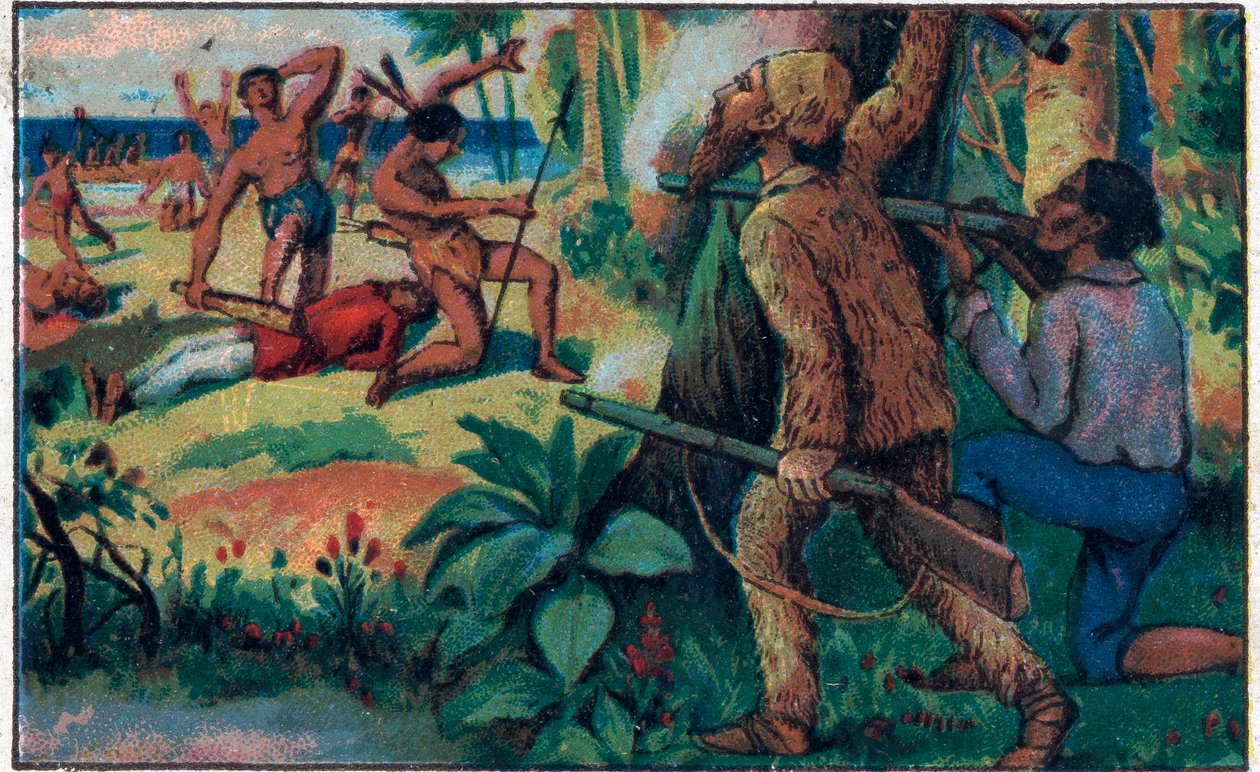 Taistelu villien kanssa. Kuvitus Daniel Defoen (Defoe) kirjalle "" Robinson Crusoe"". 1800-luvun lopun kromolitografia. tekijältä Unknown artist